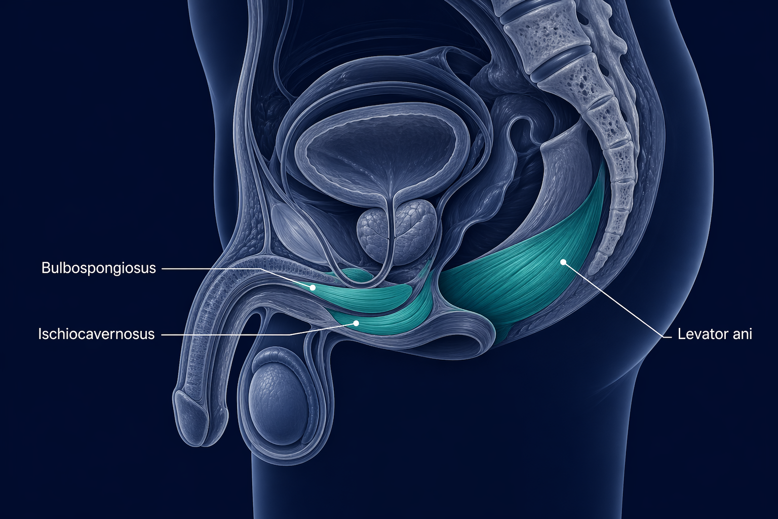 Male pelvic floor anatomy — bulbospongiosus, ischiocavernosus, and levator ani muscles highlighted
