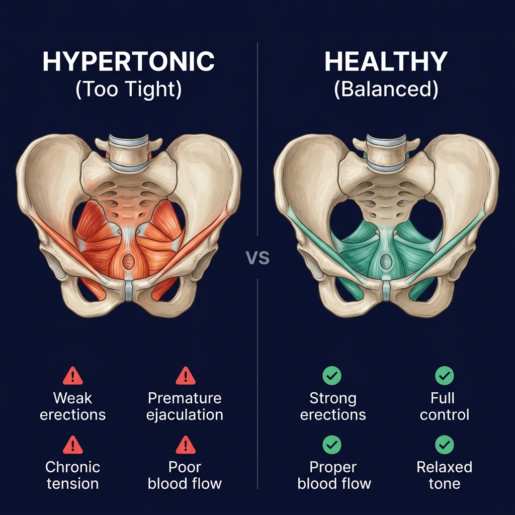 Hypertonic pelvic floor causing dysfunction vs healthy balanced pelvic floor